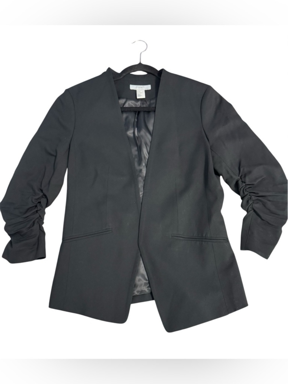 H&M Black Open Front Blazer Ruched Sleeve Lightweight Jacket Size 10